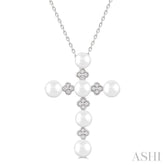 4 MM Round Shape Cultured Pearl and  1/10 Ctw Clover Round Cut Diamond Cross Pendant With Chain in 10K White Gold